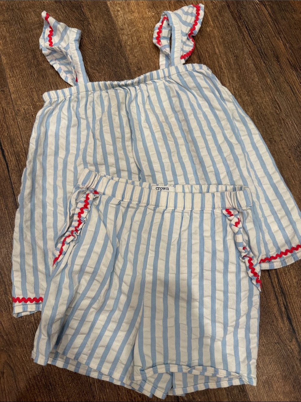 crown & ivy Blue and White Striped Girls' Shorts with Red Trim